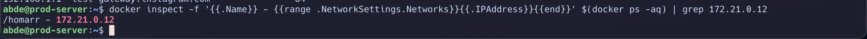 Terminal output using docker inspect to map the offending local IP address to the Homarr container.
