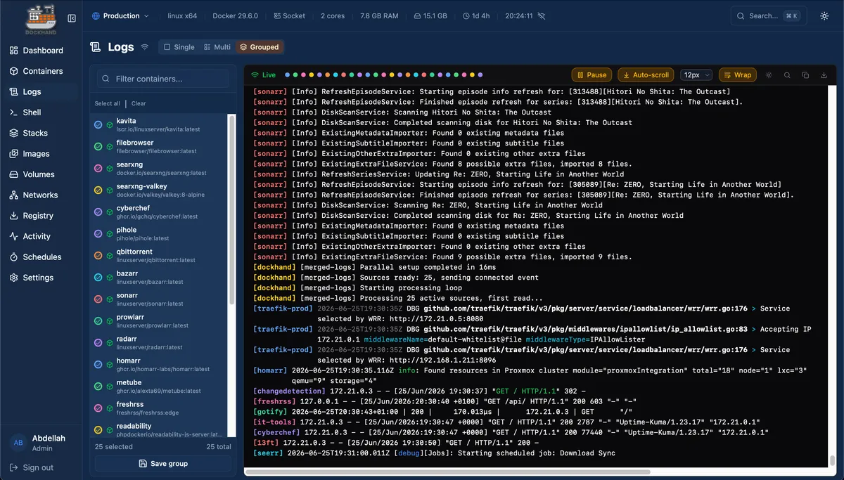 Dockhand showing merged live logs from 25 containers across the home lab