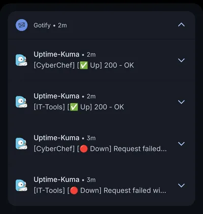Gotify: Uptime-Kuma reporting the two services down and back up