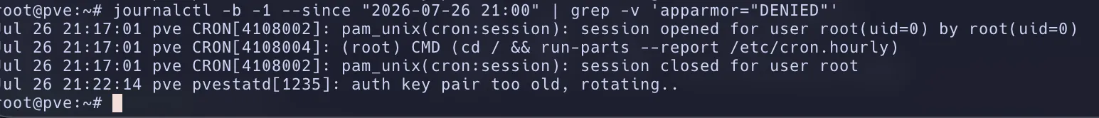 Focused cropped screenshot of the journalctl command, showing logs abruptly stopping with no further kernel entries.