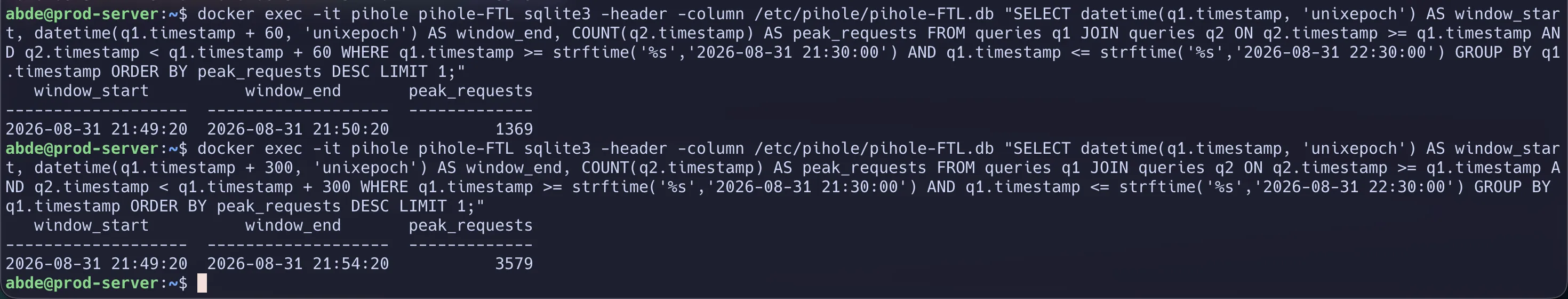 Terminal output showing an SQLite query on pihole-FTL.db isolating 1,369 requests in a 60-second window.